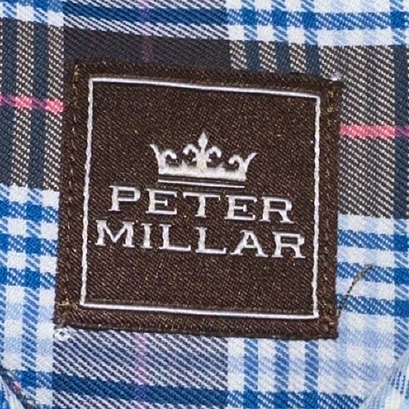 Peter Millar 100% Cotton Blue/Brown‎ Plaid Long Sleeve Button Down Shirt Size XL - Picture 4 of 8